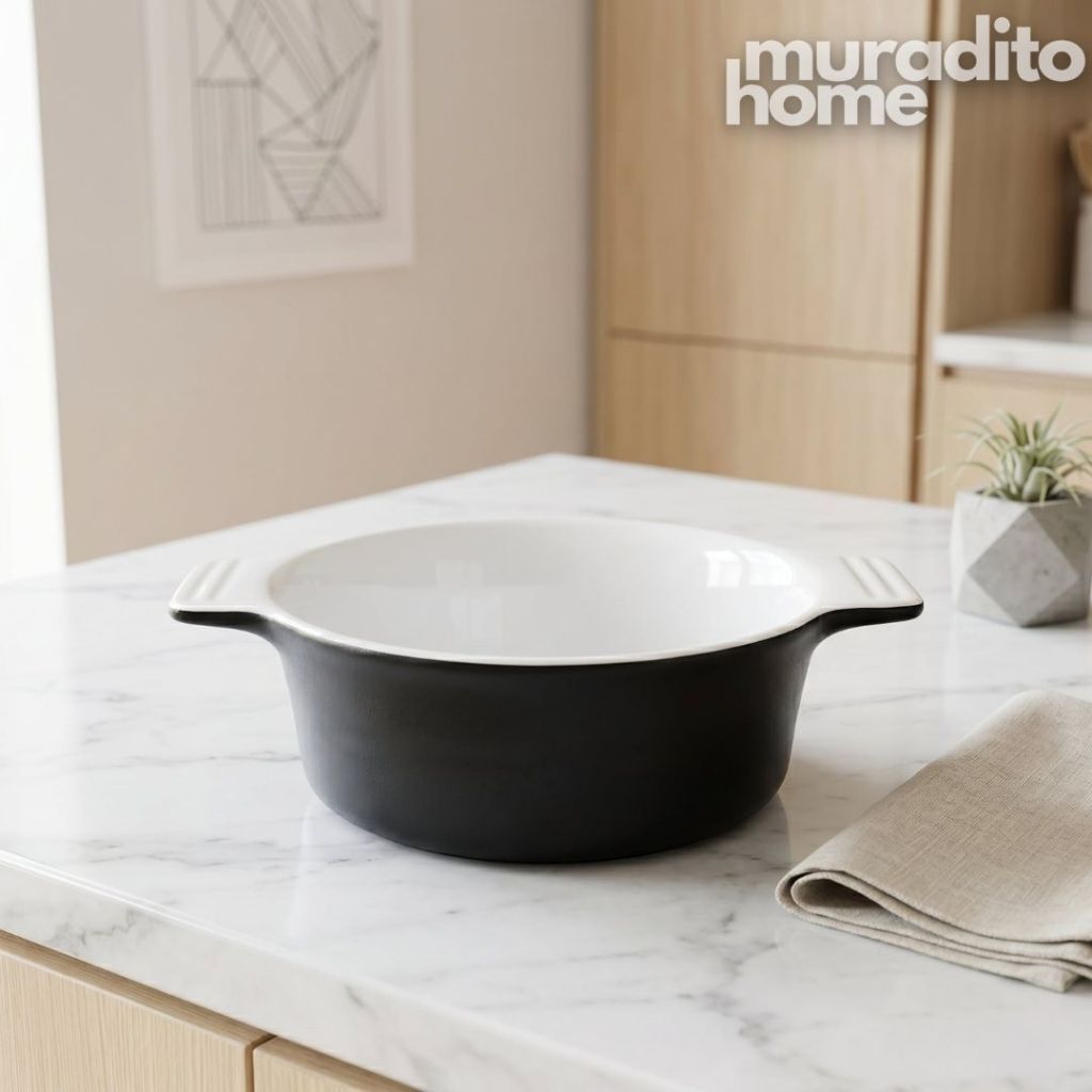 Muraditohome Aesthetic Double Handle Ceramic Bowl 6.75x5x2.5 inches