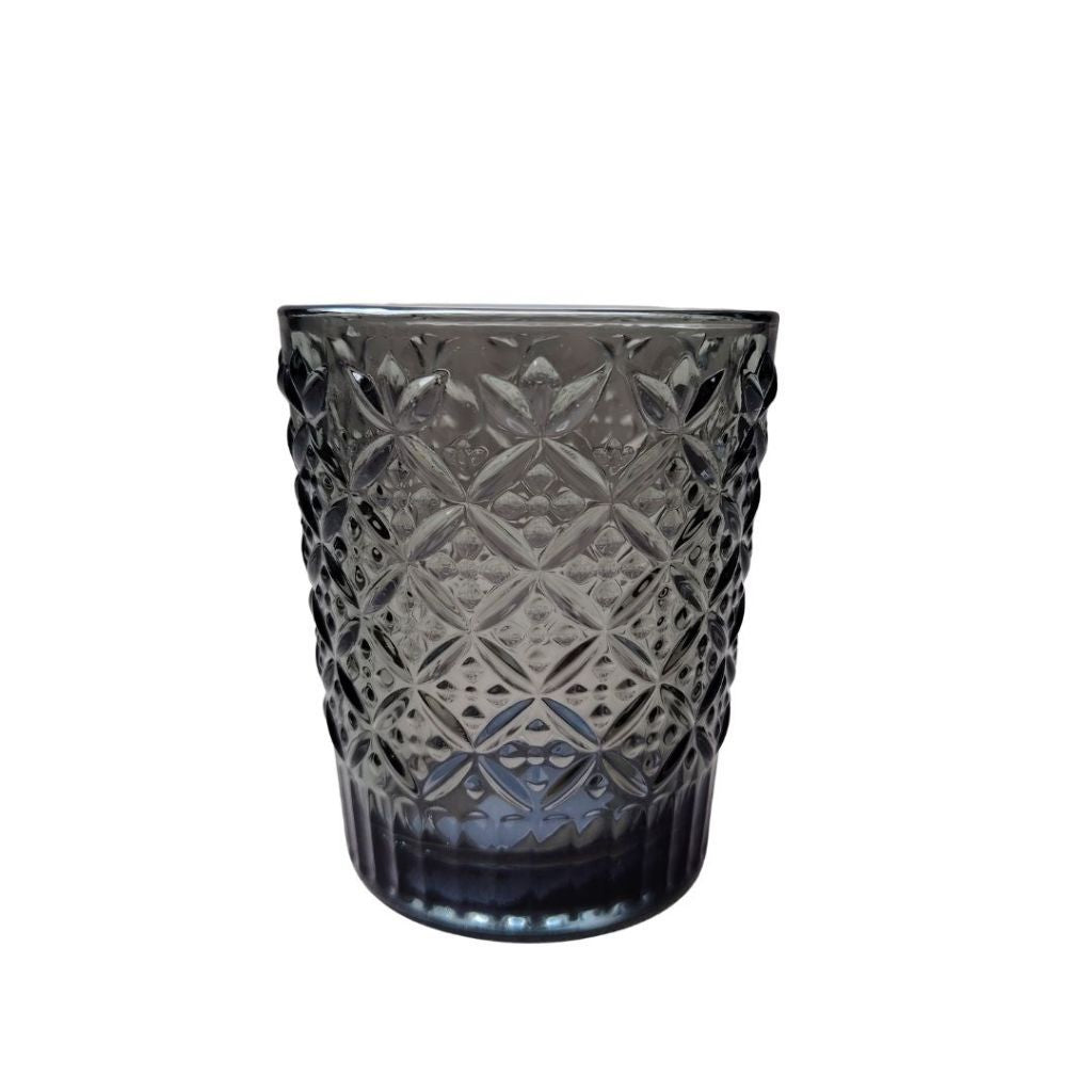 Muraditohome Jinora Ash Glassware Collection | Premium Vintage Embossed Floral Smoke Grey Glass