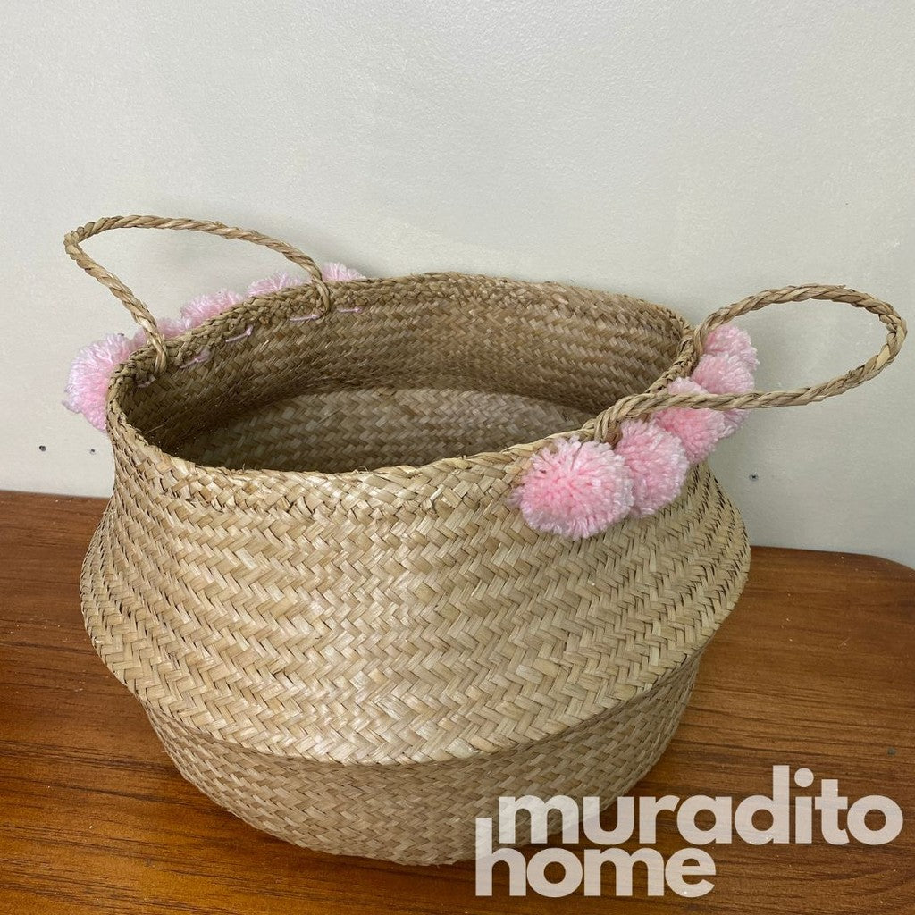 MURADITOHOME Pompom Seagrass Basket 13x14 inches