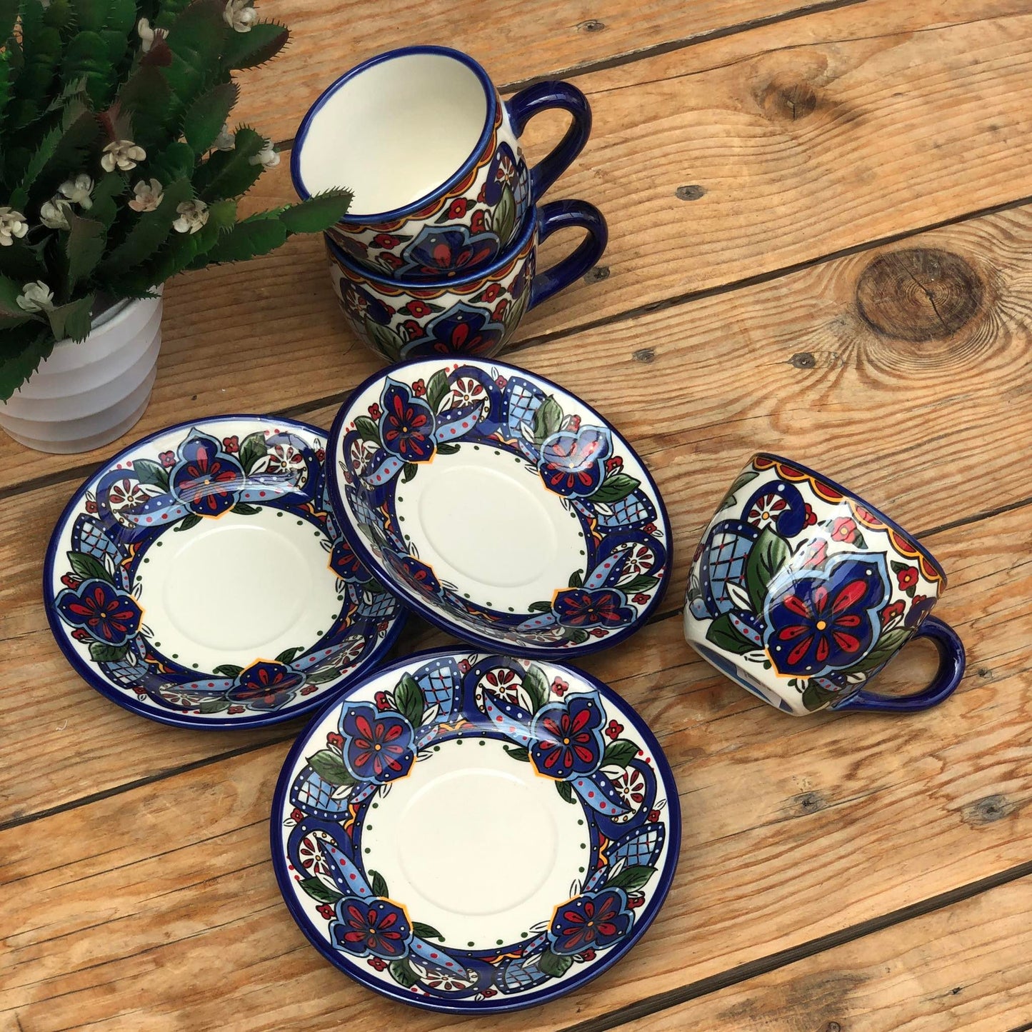 Chefchaouen Moroccan Ceramic Teacup Set ( Cup 230 ml & Saucer 5.5 inch)