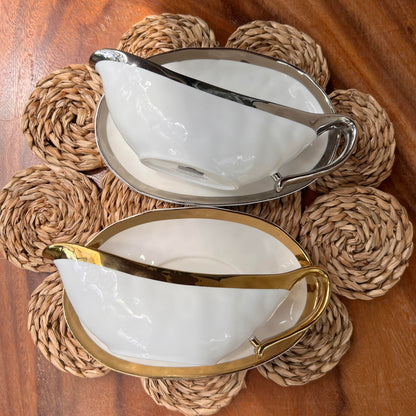 Silver and Gold Ceramic Boat Sauce with Liner Set