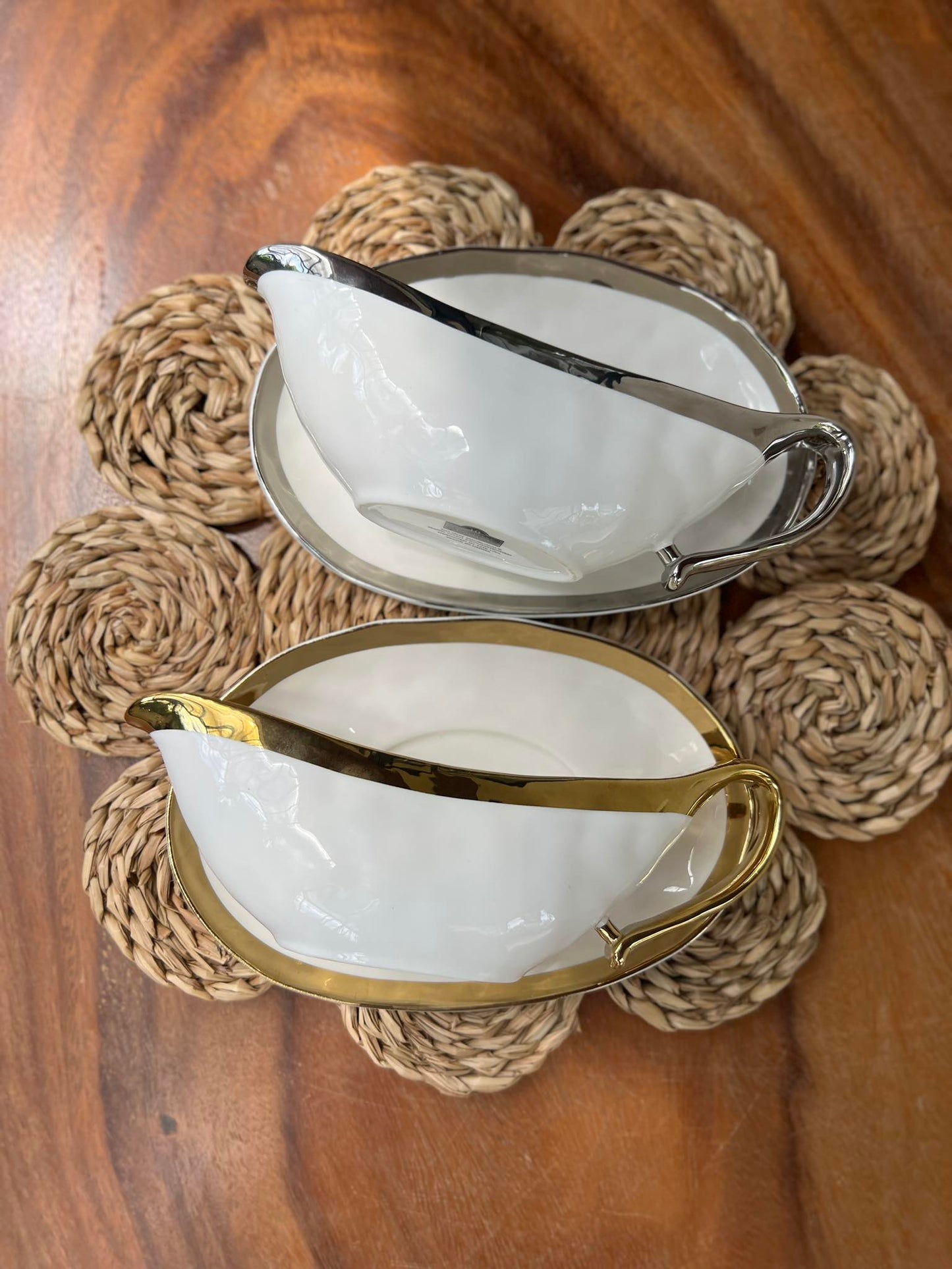 Silver and Gold Ceramic Boat Sauce with Liner Set