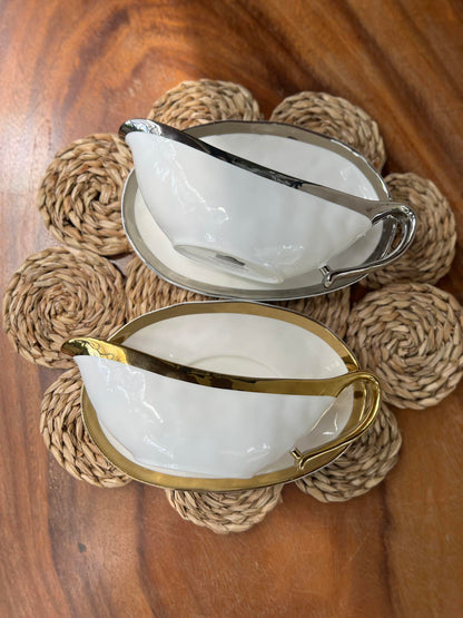 Silver and Gold Ceramic Boat Sauce with Liner Set