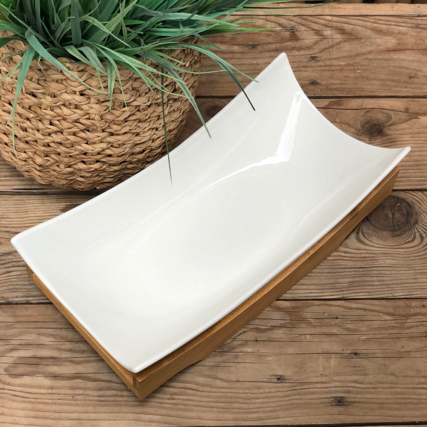 Ceramic Salad Bowl with Wooden Tray14.5x7.25x4 inch