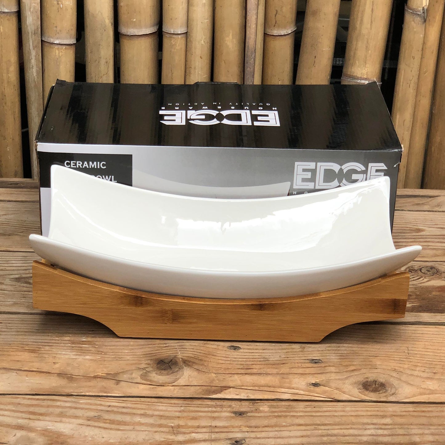 Ceramic Salad Bowl with Wooden Tray14.5x7.25x4 inch