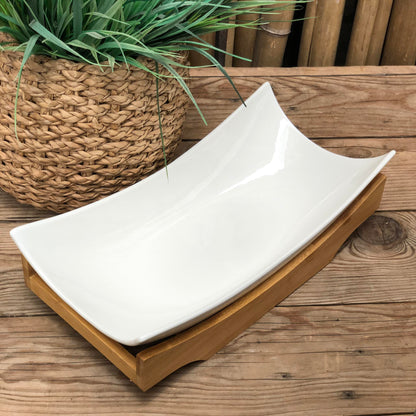 Ceramic Salad Bowl with Wooden Tray14.5x7.25x4 inch