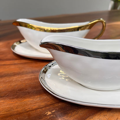 Silver and Gold Ceramic Boat Sauce with Liner Set
