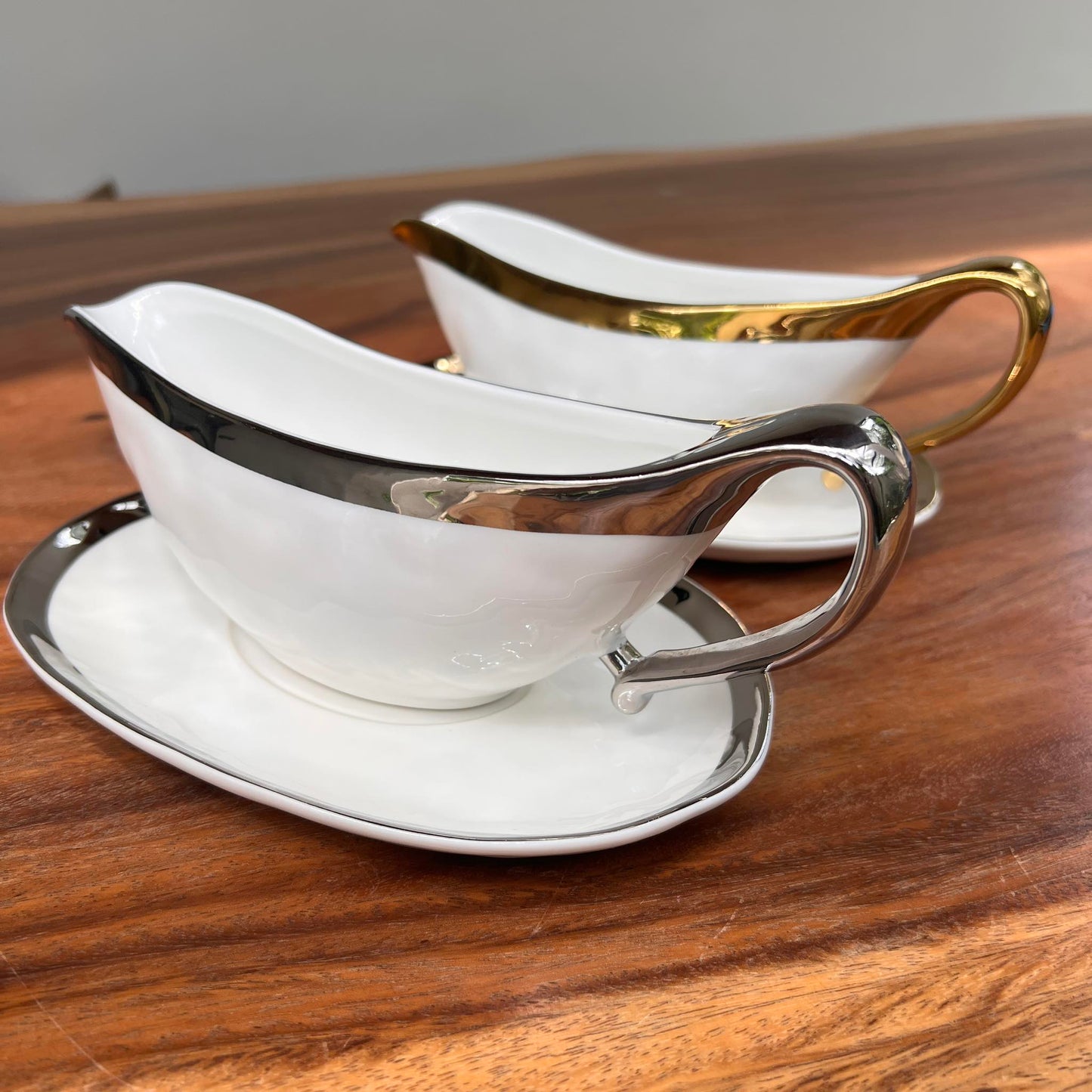 Silver and Gold Ceramic Boat Sauce with Liner Set