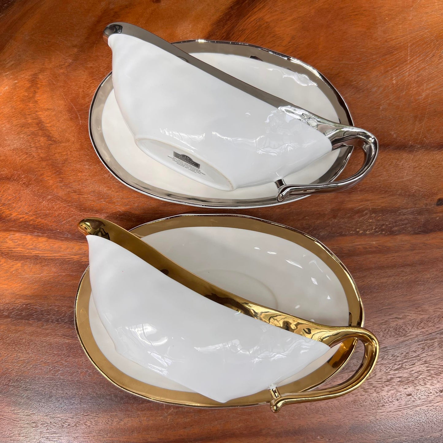 Silver and Gold Ceramic Boat Sauce with Liner Set