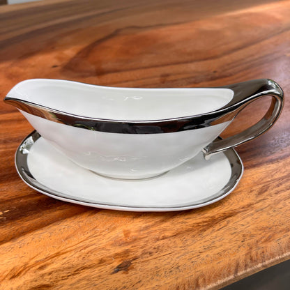 Silver and Gold Ceramic Boat Sauce with Liner Set