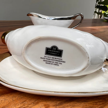 Silver and Gold Ceramic Boat Sauce with Liner Set