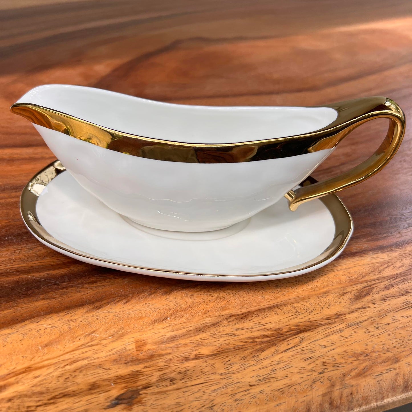 Silver and Gold Ceramic Boat Sauce with Liner Set