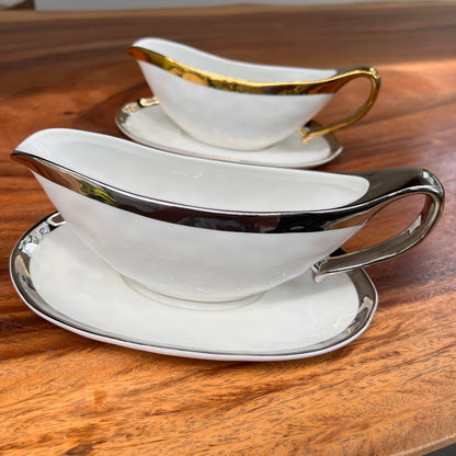 Silver and Gold Ceramic Boat Sauce with Liner Set