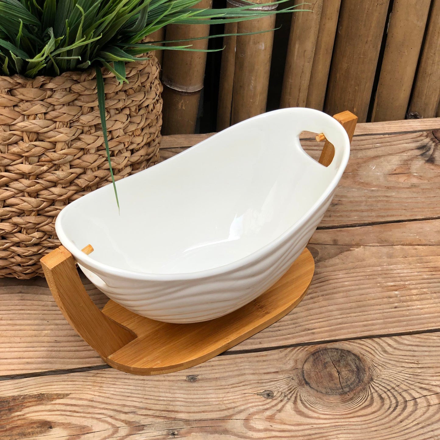 Ceramicware Salad Bowl with Wooden Stand Holder 11 inch