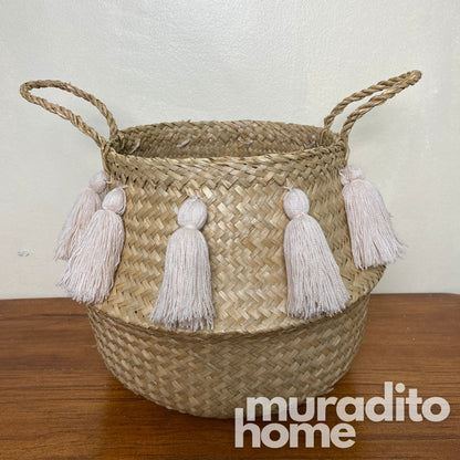 MURADITOHOME  Pompom Seagrass Basket 9 x 10 inches