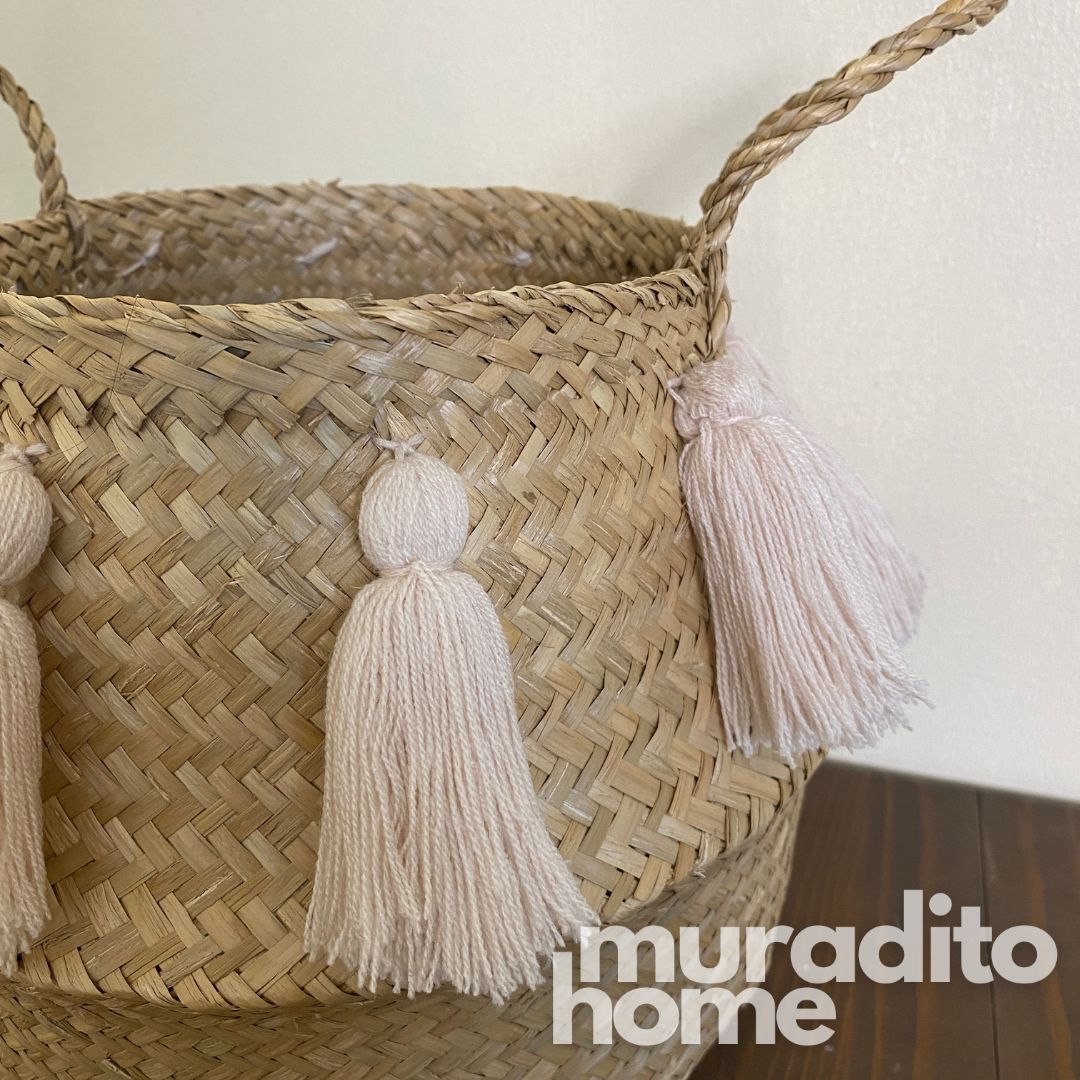 MURADITOHOME  Pompom Seagrass Basket 9 x 10 inches