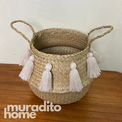 MURADITOHOME  Pompom Seagrass Basket 9 x 10 inches