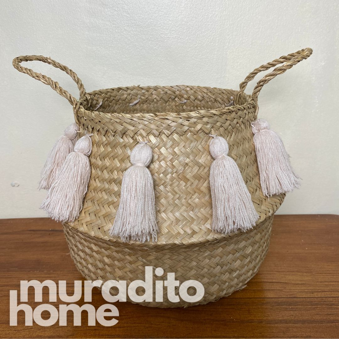 MURADITOHOME  Pompom Seagrass Basket 9 x 10 inches