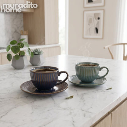 Muraditohome Fabinda Ribbed Ceramic Coffee Set 120 ml Classic European Style Espresso Teacup