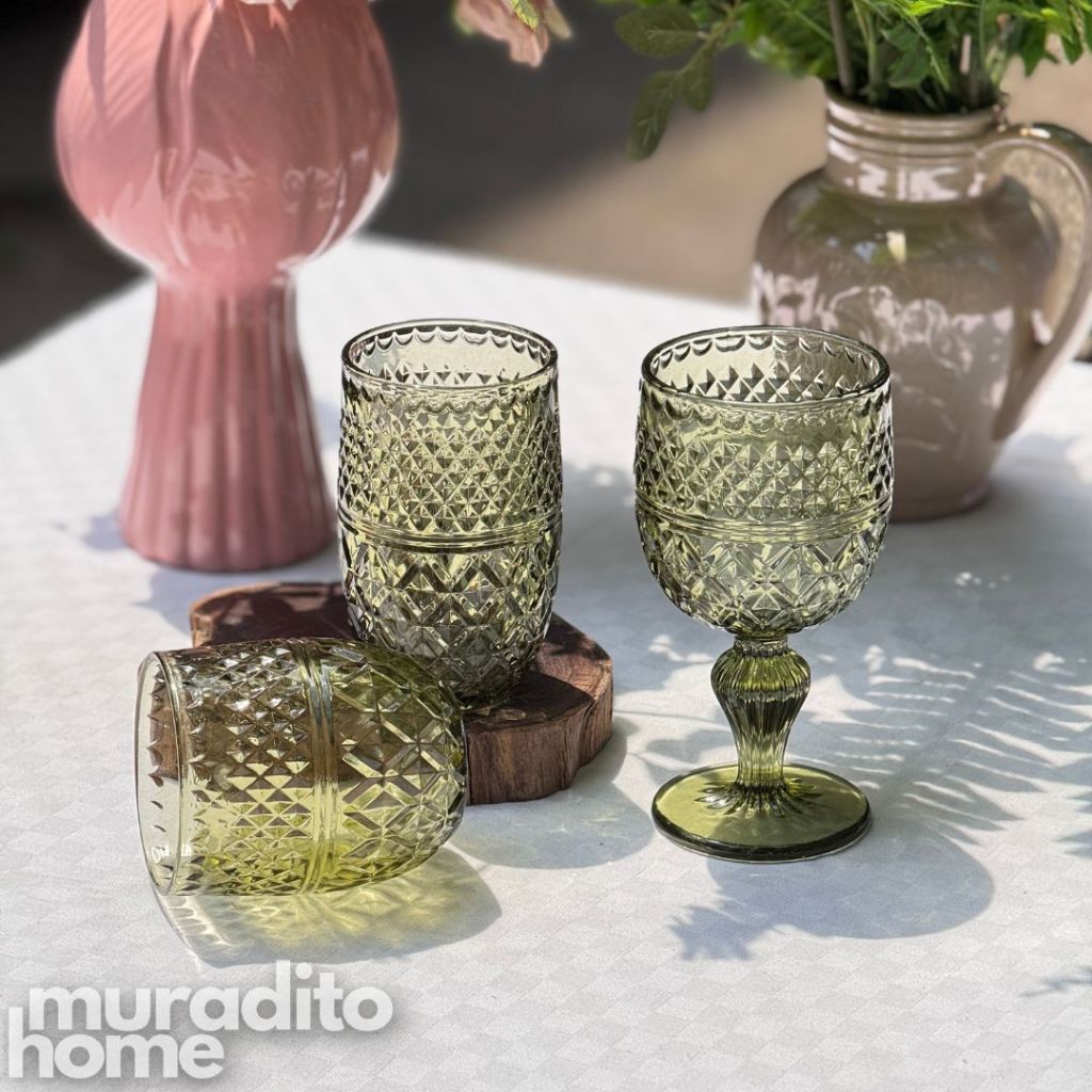 Muraditohome Asami Moss Vintage Glassware | Embossed Green Glass Goblet & Tumblers