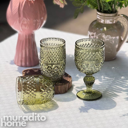 Muraditohome Asami Moss Vintage Glassware | Embossed Green Glass Goblet & Tumblers