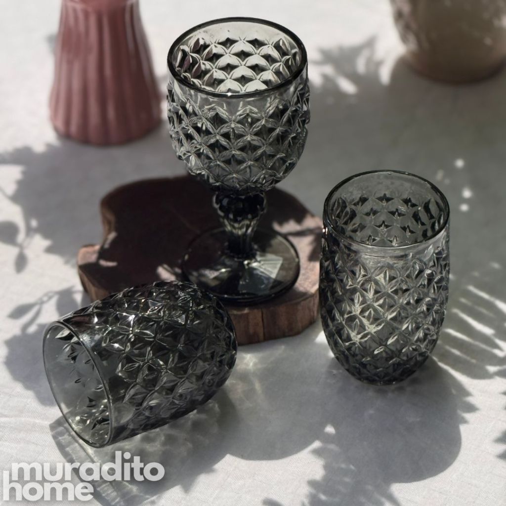 Muraditohome Neytiri Ash Vintage Glassware | Embossed Ash Glass Goblet & Tumblers
