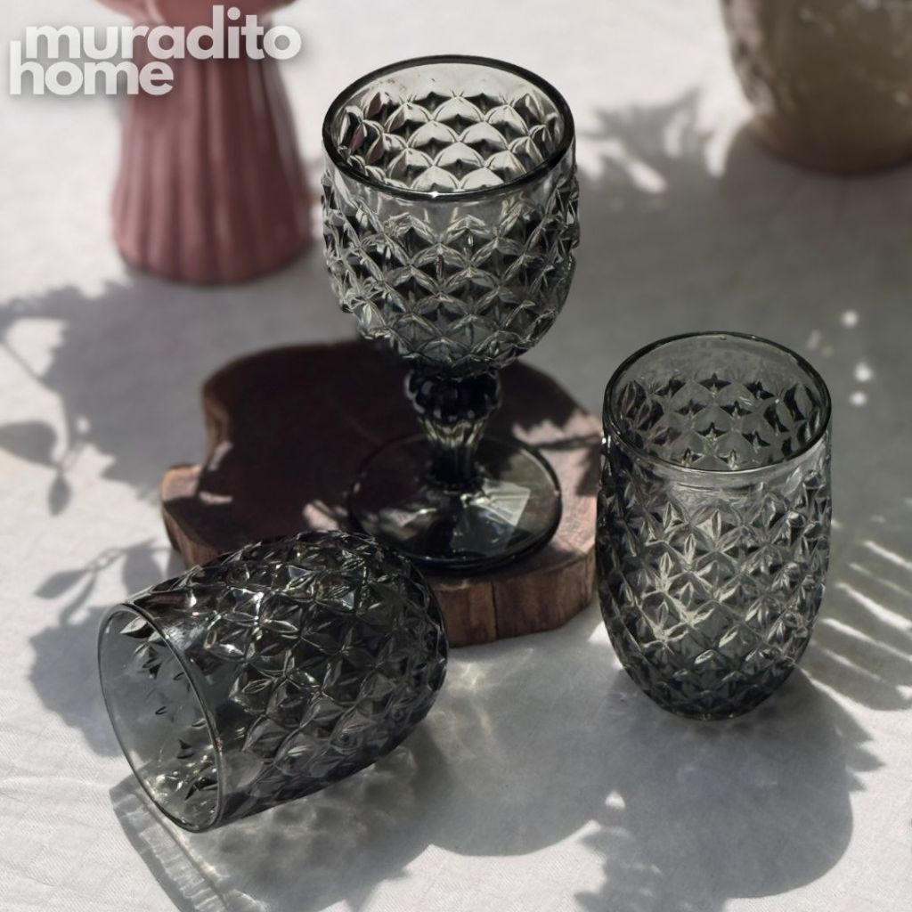 Muraditohome Neytiri Ash Vintage Glassware | Embossed Ash Glass Goblet & Tumblers
