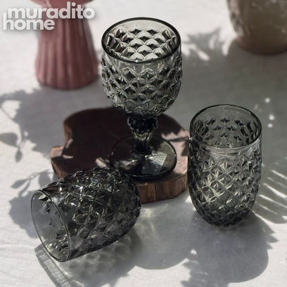 Muraditohome Neytiri Ash Vintage Glassware | Embossed Ash Glass Goblet & Tumblers
