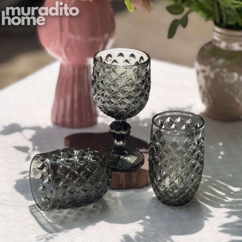 Muraditohome Neytiri Ash Vintage Glassware | Embossed Ash Glass Goblet & Tumblers