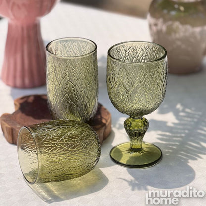 Muraditohome Katara Moss Glassware Collection | Premium Vintage Embossed Green Botanical Glass