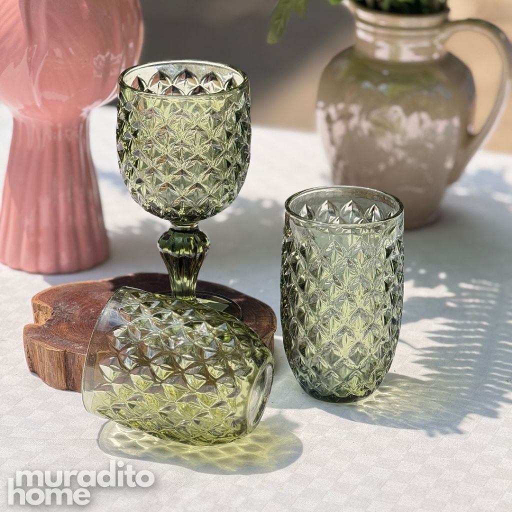 Muraditohome Neytiri Moss Glassware Collection | Premium Vintage Embossed Green Glass
