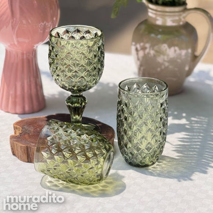 Muraditohome Neytiri Moss Glassware Collection | Premium Vintage Embossed Green Glass