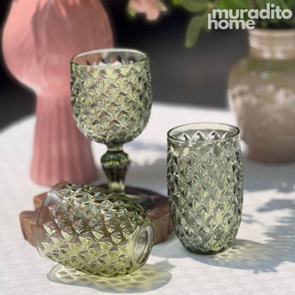 Muraditohome Neytiri Moss Glassware Collection | Premium Vintage Embossed Green Glass