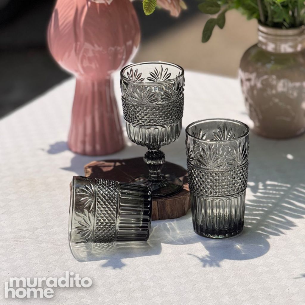 Muraditohome Dorian Ash Glassware Collection | Premium Vintage Multi-Textured Smoke Grey Glass