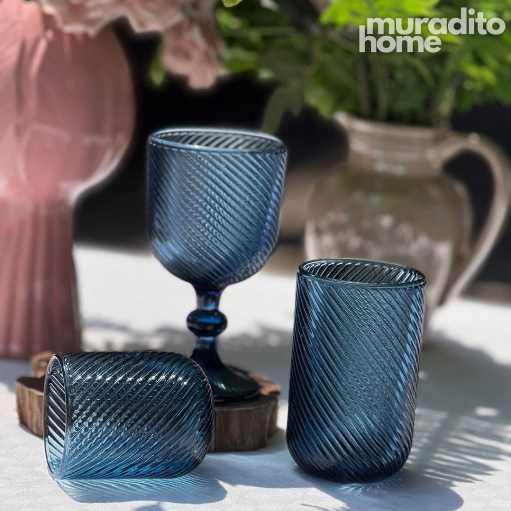 Muraditohome Venita Blue Glassware Collection | Premium Vintage Diagonal Swirl Ocean Blue Glass