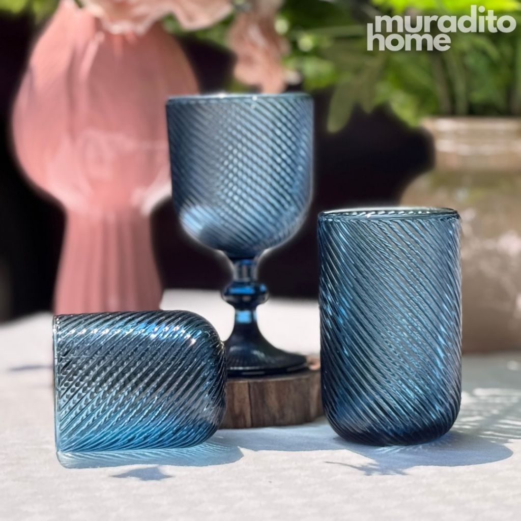 Muraditohome Venita Blue Glassware Collection | Premium Vintage Diagonal Swirl Ocean Blue Glass