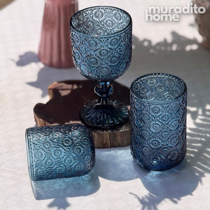 Muraditohome Sokka Blue Glassware Collection | Premium Vintage Floral Medallion Ocean Blue Glass
