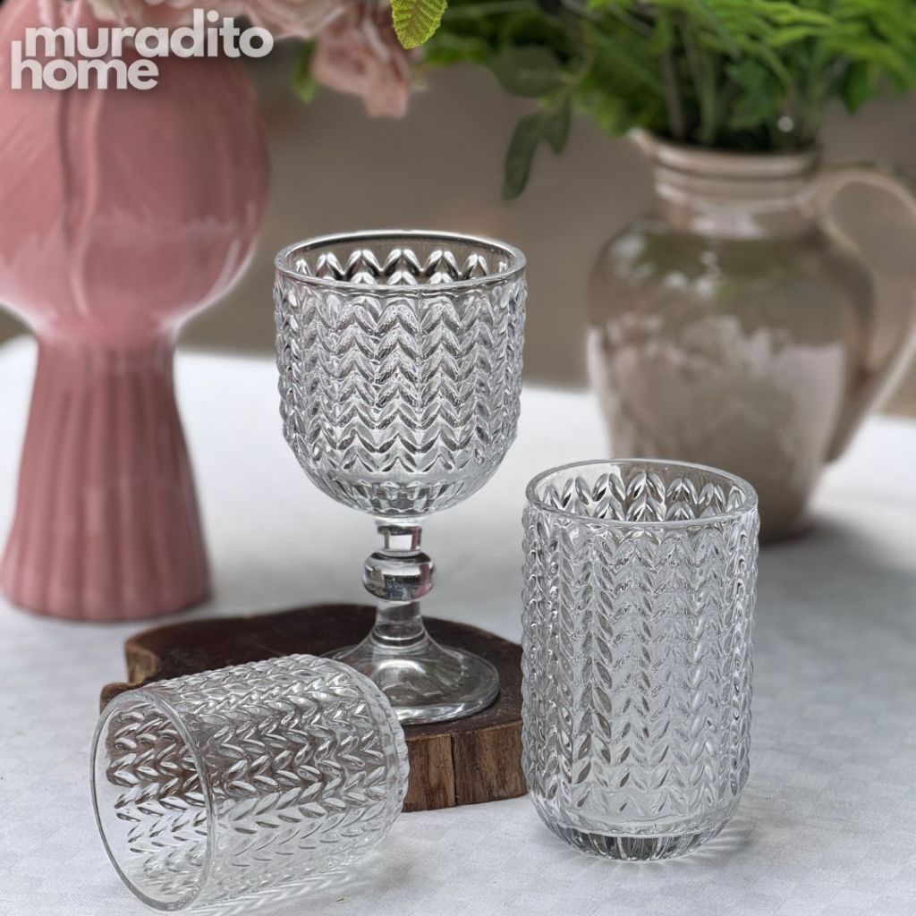 Muraditohome Zolia Clear Glassware Collection | Premium Vintage Wavy Chevron Transparent Glass