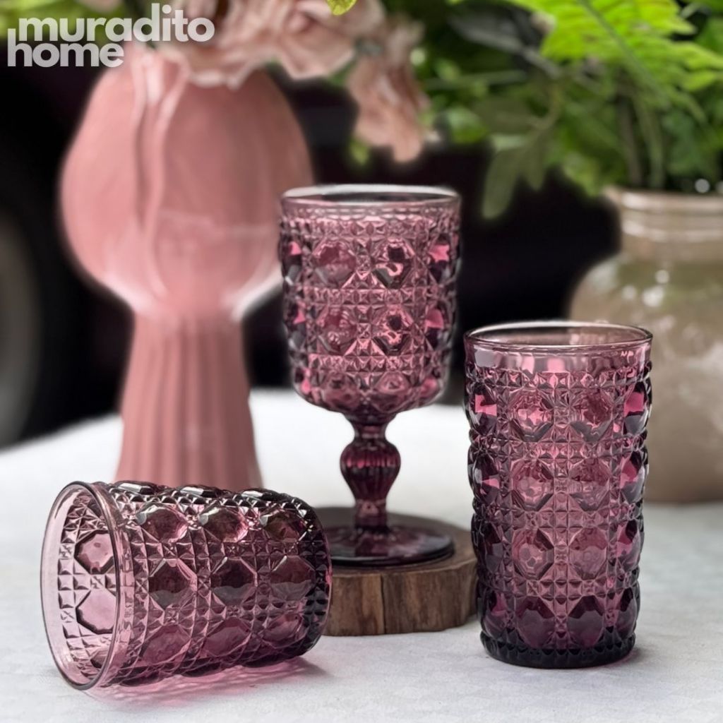 Muraditohome Zurina Plum Glassware Collection | Premium Vintage Jewel Geometric Purple Glass