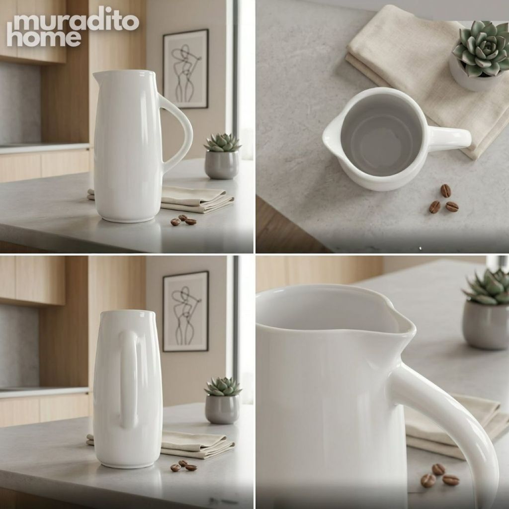 Muraditohome Aesthetic Nordic White Ceramic Pitcher (1.1L) | Modern Minimalist Large Water Jug