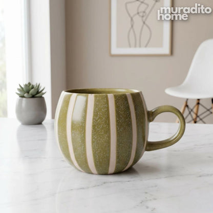 Muraditohome Aesthetic Chubby Ceramic Striped Ribbed Mug 490 ml