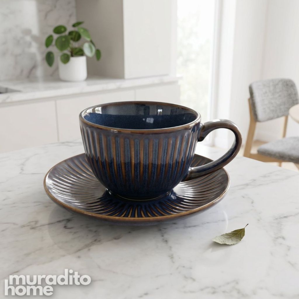 Muraditohome Fabinda Ribbed Ceramic Coffee Set 120 ml Classic European Style Espresso Teacup