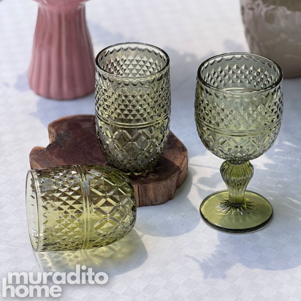 Muraditohome Asami Moss Vintage Glassware | Embossed Green Glass Goblet & Tumblers