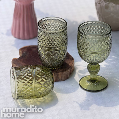 Muraditohome Asami Moss Vintage Glassware | Embossed Green Glass Goblet & Tumblers