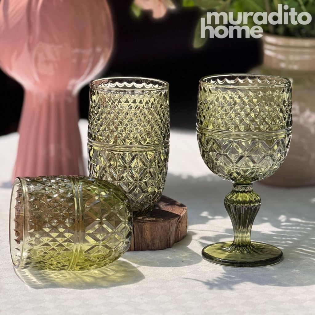 Muraditohome Asami Moss Vintage Glassware | Embossed Green Glass Goblet & Tumblers