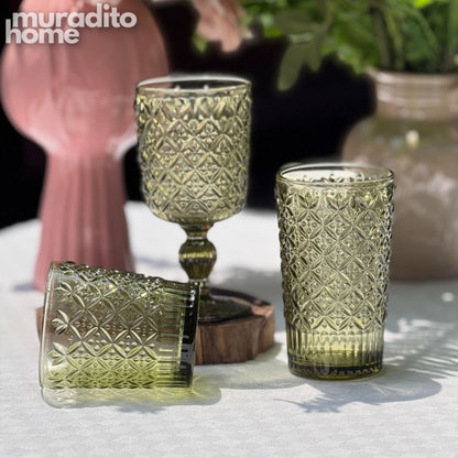 Muraditohome Jinora Moss Glassware Collection | Premium Vintage Embossed Green Glass
