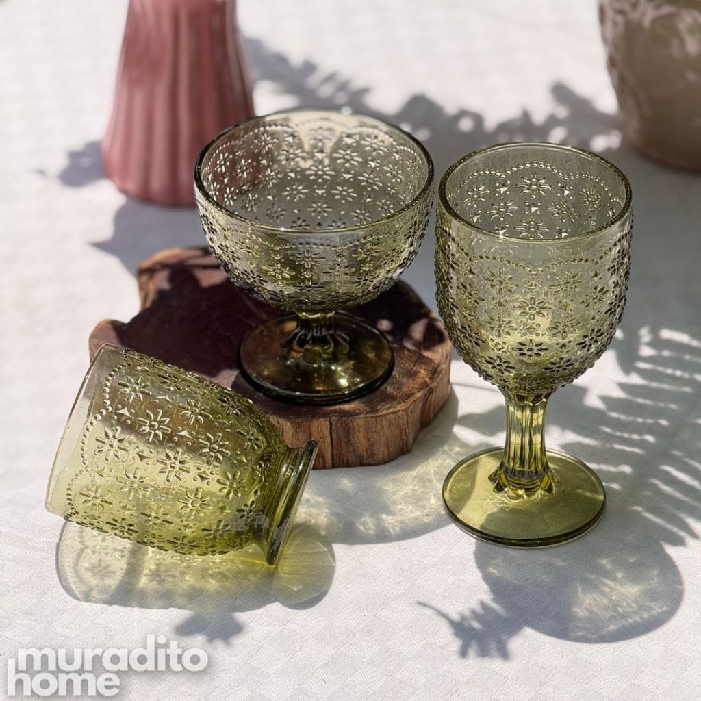 Muraditohome Iroh Moss Glassware Collection | Premium Vintage Embossed Floral Green Glass