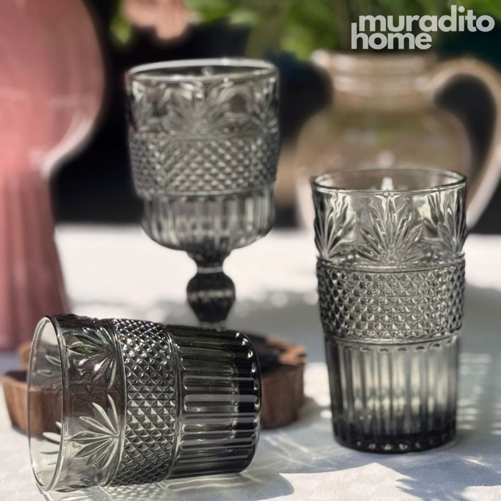 Muraditohome Dorian Ash Glassware Collection | Premium Vintage Multi-Textured Smoke Grey Glass