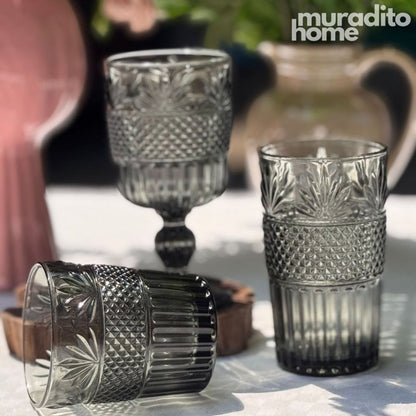 Muraditohome Dorian Ash Glassware Collection | Premium Vintage Multi-Textured Smoke Grey Glass