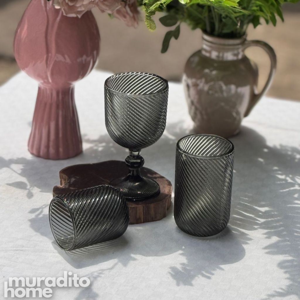 Muraditohome Venita Ash Glassware Collection | Premium Vintage Diagonal Swirl Smoke Grey Glass